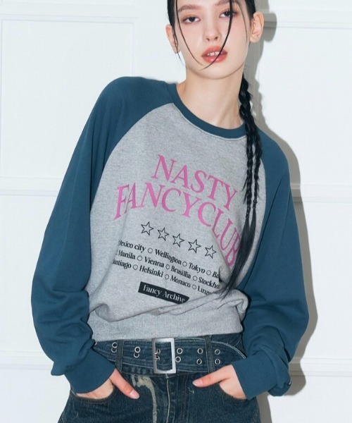 韓国ブランド NASTY FANCY CLUB ナスティーファンシークラブ HELLO WORLD CROP SWEATSHIRT オーバーサイズ  スウェットシャツ MTM 長袖トップス ロゴスウェット プリントスウェット ラグラン