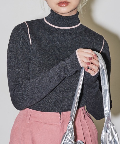 MERLOT（メルロー）の「配色タートルニット（ニット/セーター・レディース・ピンク/グリーン/ダークグレー/グレー・FREE）」の14枚目の写真