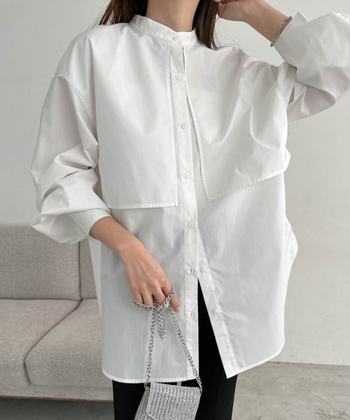 無地/ストライプケープ付き長袖シャツブラウス（シャツ/ブラウス