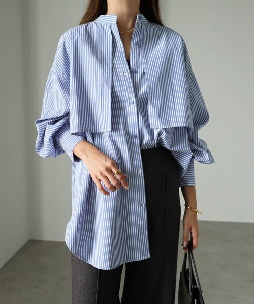 セール】無地/ストライプケープ付き長袖シャツブラウス（シャツ