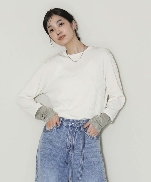 Gready Brilliant(グレディブリリアン)の「袖シアードッキングカットソー(Tシャツ/カットソー・レディース・ブラック×グレー/ホワイト系・FREE)」の2枚目の写真