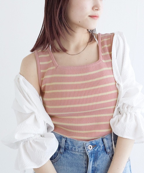 w closet（ダブルクローゼット）の「リブニットタンクトップ（タンクトップ・レディース・ブラック/オフホワイト/サックスブルー/ホワイト×ブラック/ピンク系その他・FREE）」の5枚目の写真