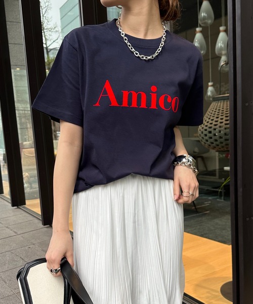 tシャツ 「WEB限定」 異素材切替フロッキーロゴTEE レディース セール】【WEB限定】AmicoフロッキーロゴTEE（Tシャツ
