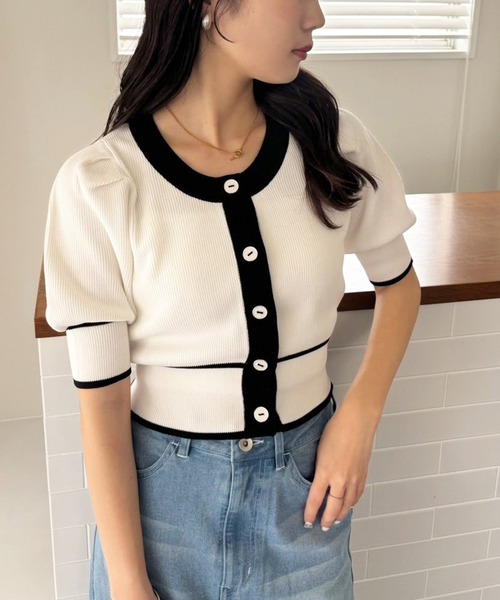 one after another NICE CLAUP(ワンアフターアナザーナイスクラップ)の「【OTONA NICE】配色ニットカーディガン(ニット/セーター・レディース・ホワイト×ブラック/ブラック×ホワイト/グレー×ホワイト・FREE)」の2枚目の写真