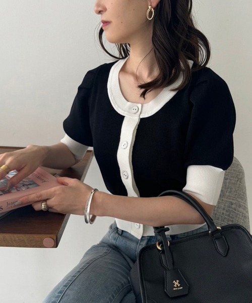 one after another NICE CLAUP(ワンアフターアナザーナイスクラップ)の「【OTONA NICE】配色ニットカーディガン(ニット/セーター・レディース・ホワイト×ブラック/ブラック×ホワイト/グレー×ホワイト・FREE)」の4枚目の写真