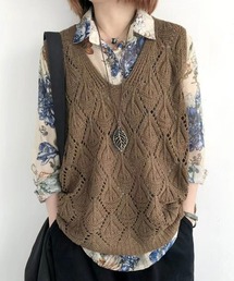 SEU（エスイーユー）の「ロングシーズン大活躍Vネックダイヤモンド柄透かし編みニットベスト ジレ サマーニット 【オフィスカジュアル】【きれいめカジュアル】（ベスト）」
