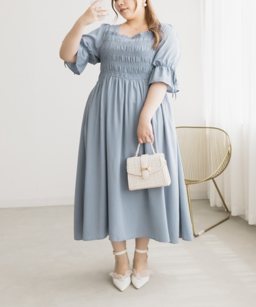 【新品 未使用】クレット リボン シャーリング ワンピース チェック CLETTEオリジナル☆リボン付きシャーリングワンピース | 大きい