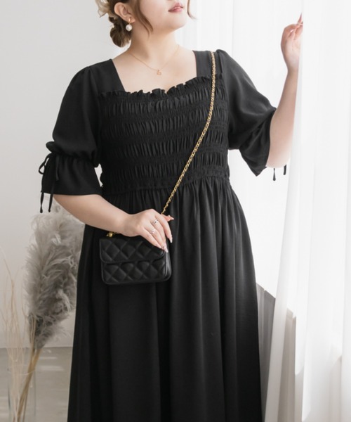 CLETTE（クレット）の「袖リボンシャーリングワンピース（ワンピース・レディース・ブラック/ブルー/ピンク・LL/3L/4L）」の5枚目の写真