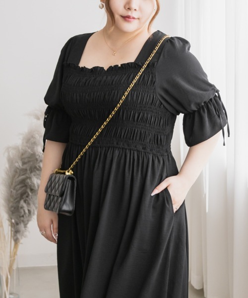 CLETTE（クレット）の「袖リボンシャーリングワンピース（ワンピース・レディース・ブラック/ブルー/ピンク・LL/3L/4L）」の6枚目の写真