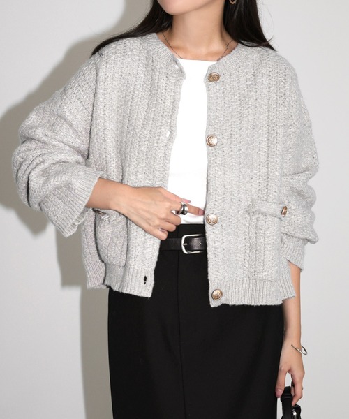 美品 23年モデル Sov. 金ボタン ゴールドラメツイードカーディガン 短丈 セール】金ボタンツイードショートジャケットカーディガン