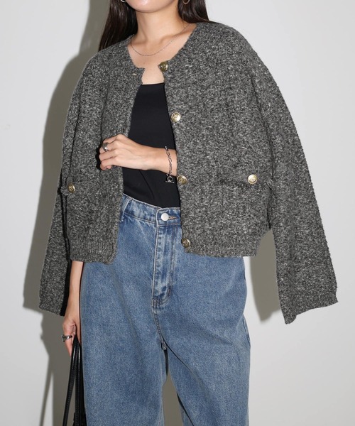 美品 23年モデル Sov. 金ボタン ゴールドラメツイードカーディガン 短丈 andme カーディガン 金ボタンツイードショートジャケット