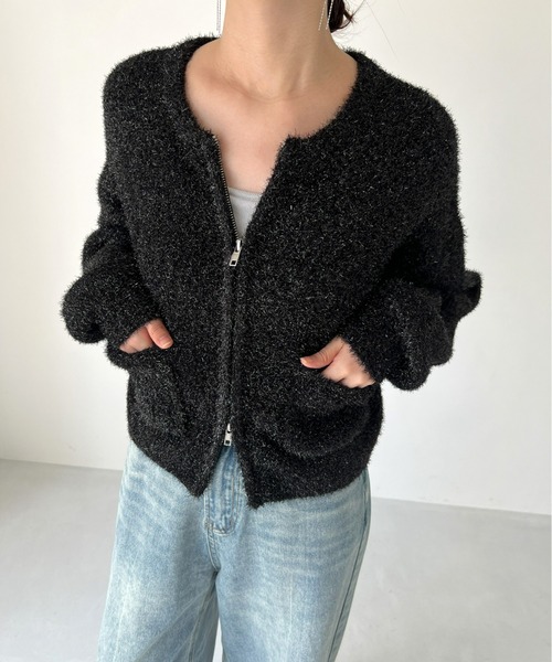 Olu.（オルドット）の「ラメヤーンジップカーディガン[セットアップ可能]（カーディガン/ボレロ・レディース・シルバー/アイボリー/ブラック・FREE）」の2枚目の写真