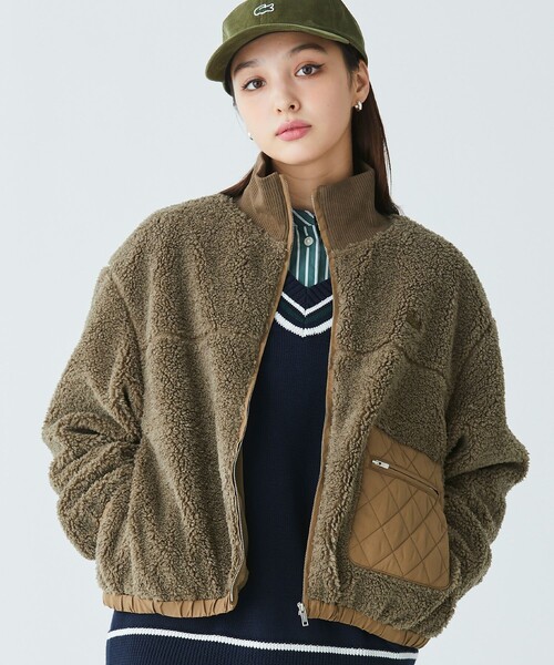 LACOSTE（ラコステ）の「リブニットスタンドカラーソフトボアジャケット / スタンドジップボアブルゾン（ブルゾン・レディース・カーキ/アイボリー/ベージュ・34/38/36/40）」の4枚目の写真