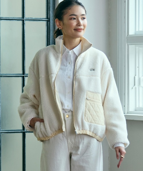 セール】リブニットスタンドカラーソフトボアジャケット / スタンド