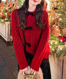 ♡°+✨赤リボン付きニットカーディガン レッド♡°+✨春夏 リボン・カーディガン 赤 | S for Shoko