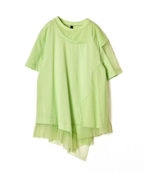 【新品】AULA AILA アウラアイラ✴︎ アシンメトリー　チュール付カットソー セール】アシンメトリーシアーパーツTシャツ（Tシャツ