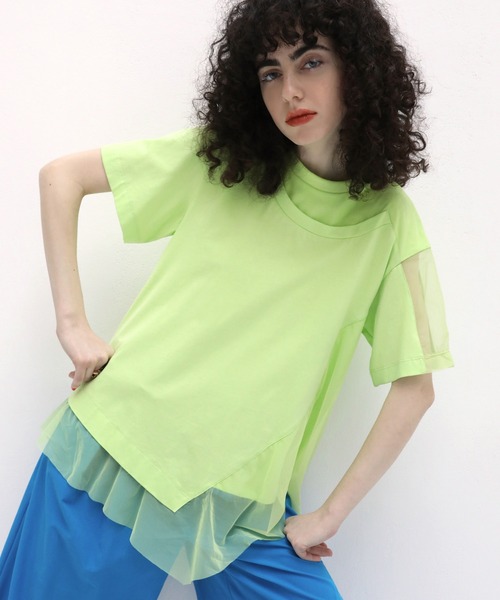 【新品】AULA AILA アウラアイラ✴︎ アシンメトリー　チュール付カットソー セール】アシンメトリーシアーパーツTシャツ（Tシャツ