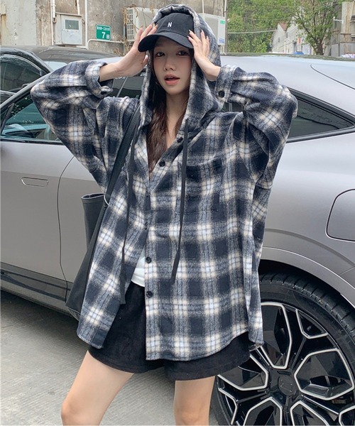 レトロチェックフード付きシャツ（シャツ/ブラウス）｜AMAJI（アマジ）