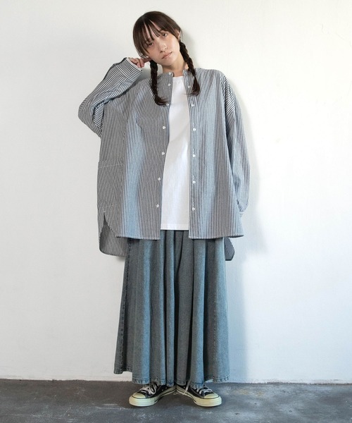 G1085 綿麻デニムのプルオンロングスカート（デニムスカート）｜URCH