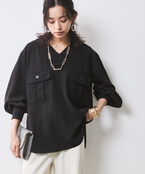 CHIC STYLE(シックスタイル)の「リブ衿Vネックブラウス <大きいサイズ有>シックスタイル(シャツ/ブラウス・レディース・ベージュ系/ブラック・M/L/LL/3L/4L/5L)」の5枚目の写真