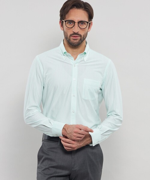 MACKINTOSH LONDON(マッキントッシュ ロンドン)の「【FLEX JERSEY】鹿の子バーズアイストライプジャージーシャツ(シャツ/ブラウス・メンズ・ブルー系その他4/グリーン系その他3/パープル系その他2・M/S/L/XL)」の1枚目の写真