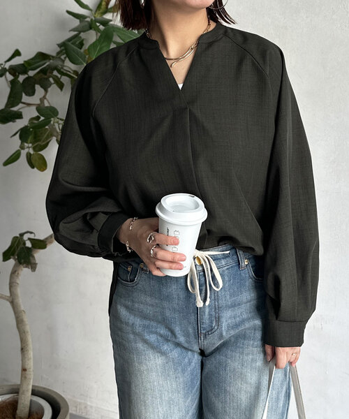 ブラウス シャツ リネンライクスリットネックブラウス レディース Chez toi ブラウス シャツ リネンライクスリットネックブラウス