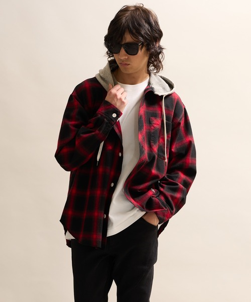 COTTON TWILL OMBRE CHECK HOODIE SHIRT / コットンツイル オンブレー