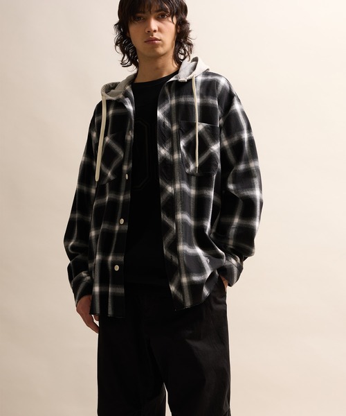 はる COTTON TWILL OMBRE CHECK HOODIE SHIRT / コットンツイル オンブレー