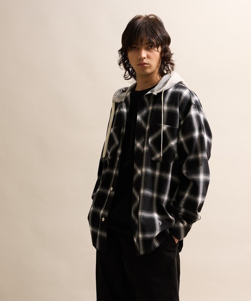 COTTON TWILL OMBRE CHECK HOODIE SHIRT / コットンツイル オン