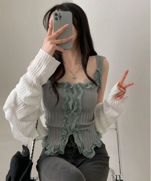 gossip!ロサンゼルス(ゴシップロサンゼルス)の「Y2K スクエアネックレースタンクトップ(Tシャツ/カットソー・レディース・グレー・FREE)」の10枚目の写真