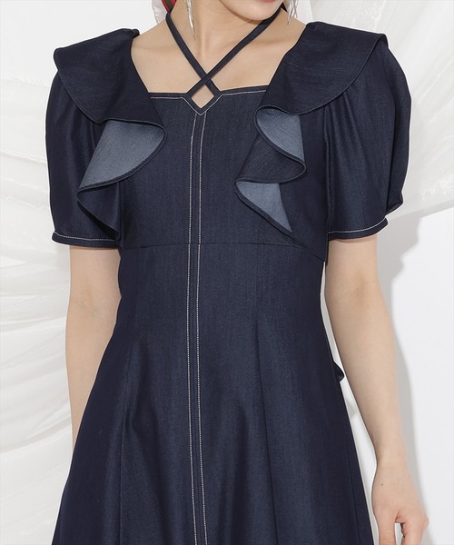 WILLSELECTION - ウィルセレクション　Vネックウール混ニットワンピース　未使用 セール】クロスネックラッフルフリルワンピース（ワンピース