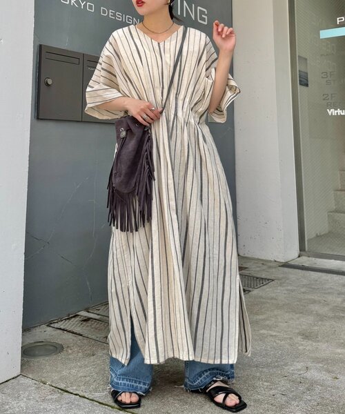 CIAOPANIC TYPY（チャオパニックティピー）の「【India】綿麻ウエストタックドルマンワンピース（ワンピース・レディース・アイボリー/カーキ/ブラウン/ブラック・ONE SIZE）」の2枚目の写真