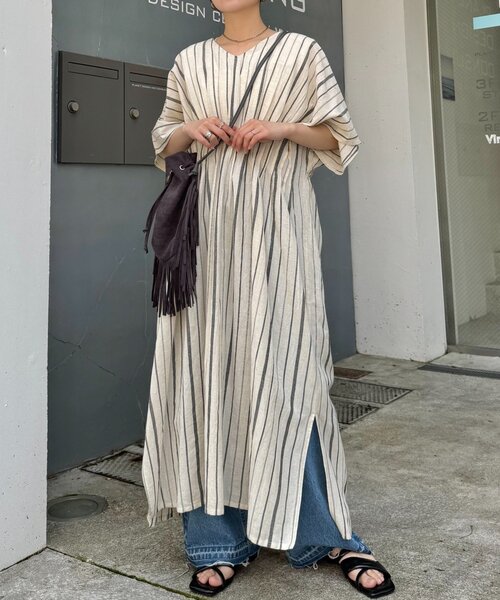 CIAOPANIC TYPY（チャオパニックティピー）の「【India】綿麻ウエストタックドルマンワンピース（ワンピース・レディース・アイボリー/カーキ/ブラウン/ブラック・ONE SIZE）」の6枚目の写真