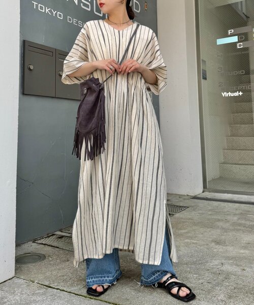 CIAOPANIC TYPY（チャオパニックティピー）の「【India】綿麻ウエストタックドルマンワンピース（ワンピース・レディース・アイボリー/カーキ/ブラウン/ブラック・ONE SIZE）」の7枚目の写真