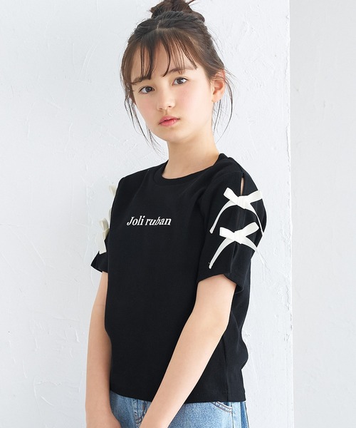 リボン付きグレー/ブラック半袖Tシャツ セール】「新色追加」レース付きリボンプリントニッチシンプル