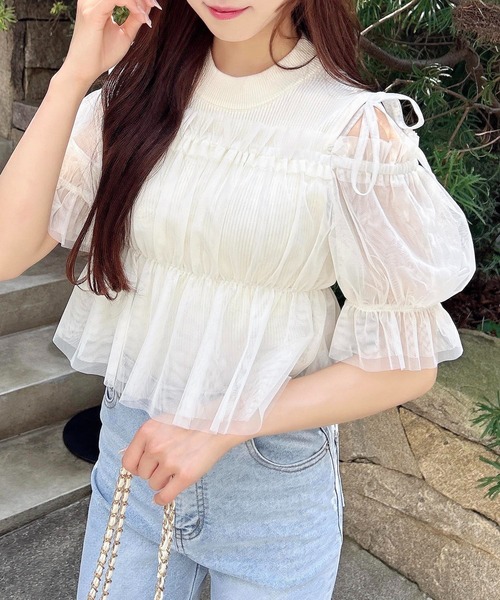 INGNI（イング）の「ノースリニット＋オフショルチュールブラウス／セット（シャツ/ブラウス・レディース・ピンク/オフホワイト/ブラック・M）」の4枚目の写真