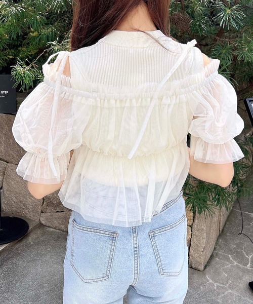 INGNI（イング）の「ノースリニット＋オフショルチュールブラウス／セット（シャツ/ブラウス・レディース・ピンク/オフホワイト/ブラック・M）」の7枚目の写真