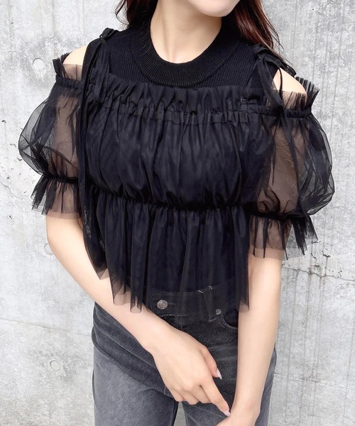 INGNI（イング）の「ノースリニット＋オフショルチュールブラウス／セット（シャツ/ブラウス・レディース・ピンク/オフホワイト/ブラック・M）」の10枚目の写真