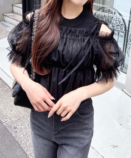 INGNI（イング）の「ノースリニット＋オフショルチュールブラウス／セット（シャツ/ブラウス・レディース・ピンク/オフホワイト/ブラック・M）」の11枚目の写真