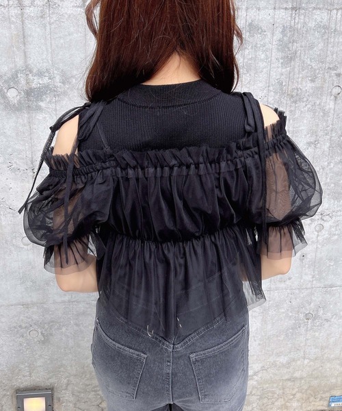 INGNI（イング）の「ノースリニット＋オフショルチュールブラウス／セット（シャツ/ブラウス・レディース・ピンク/オフホワイト/ブラック・M）」の13枚目の写真