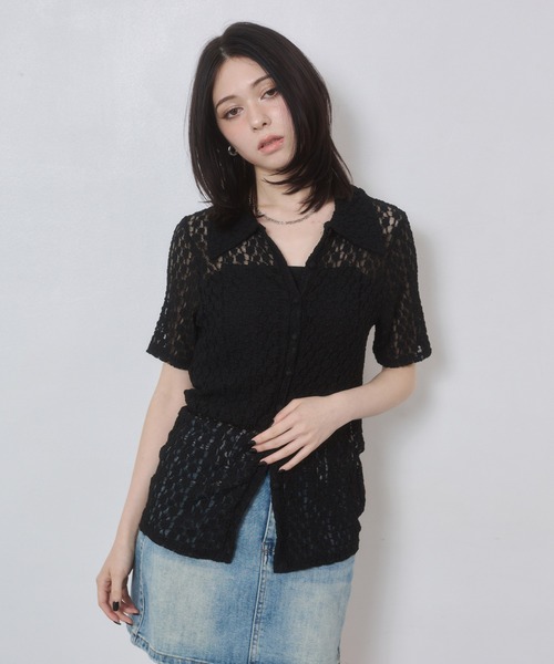 ENVYM（アンビー）の「カットレース衿付き半袖CD（カーディガン/ボレロ・レディース・ブラック/アイボリー・FREE）」の2枚目の写真