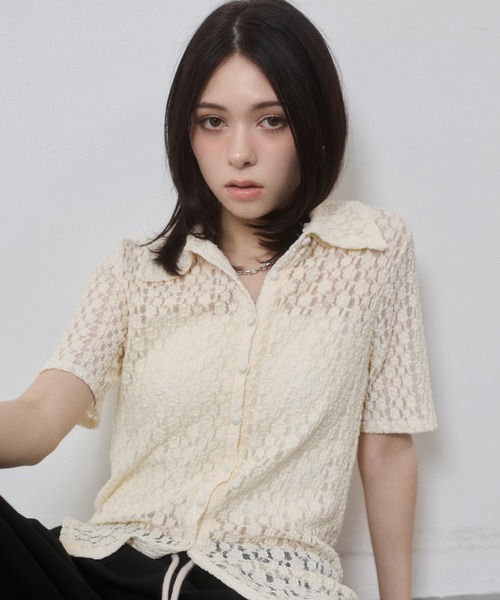 ENVYM（アンビー）の「カットレース衿付き半袖CD（カーディガン/ボレロ・レディース・ブラック/アイボリー・FREE）」の8枚目の写真
