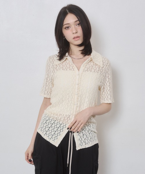 ENVYM（アンビー）の「カットレース衿付き半袖CD（カーディガン/ボレロ・レディース・ブラック/アイボリー・FREE）」の3枚目の写真