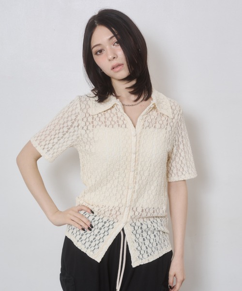 ENVYM（アンビー）の「カットレース衿付き半袖CD（カーディガン/ボレロ・レディース・ブラック/アイボリー・FREE）」の5枚目の写真