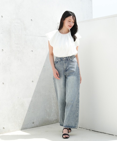 TRUDEA（トルディア）の「(接触冷感/暑さ対策)フレンチバルーンブラウス（シャツ/ブラウス・レディース・ホワイト/ホワイト×ブルー/サックスブルー・MEDIUM）」の12枚目の写真