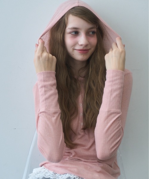 セール】シアーフードヘンリーネックロンT/sheer hooded henry neck