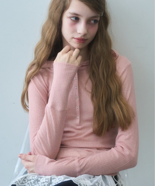 コムデギャルソン ピンク ヘンリーネック 長袖カットソー セール】シアーフードヘンリーネックロンT/sheer hooded henry neck