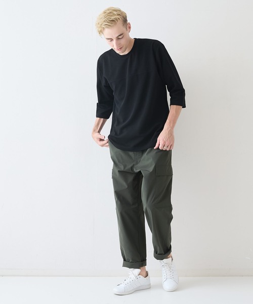 【Blue Standard/ブルースタンダード】ドライリップル フットボール切り替7分袖Tシャツカットソー 吸水速乾 ストレッチ イージーケア さらさら快適 晩夏初秋