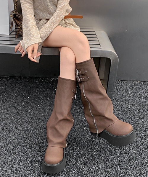 セール】ダブルベルト厚底ロングカバーブーツ（ブーツ）｜yuue