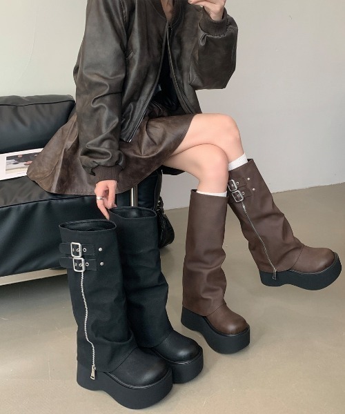 yuue' ( wear )(ユーイ)の「ダブルベルト厚底ロングカバーブーツ(ブーツ・レディース・ブラック/ブラウン・24.5cm/23.5cm/25.0cm/24.0cm/23.0cm)」の16枚目の写真